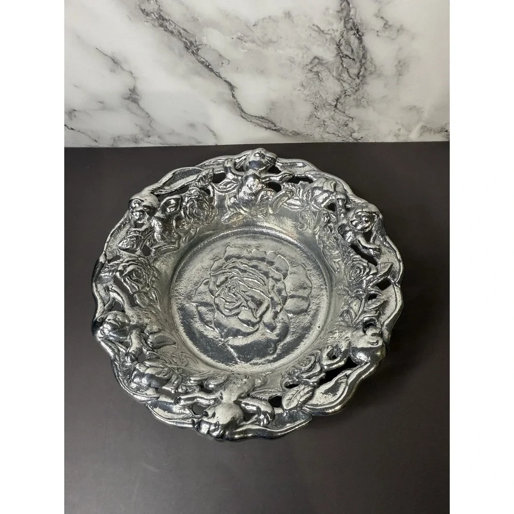 1995 Arthur Court Aluminum Bunny Rabbit and Rose Flower Bowl